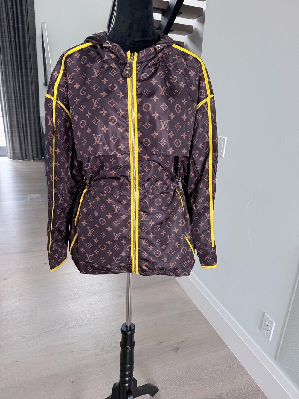 Louis Vuitton Brown Monogram Hooded windbreaker Jacket with Yellow Trim size S